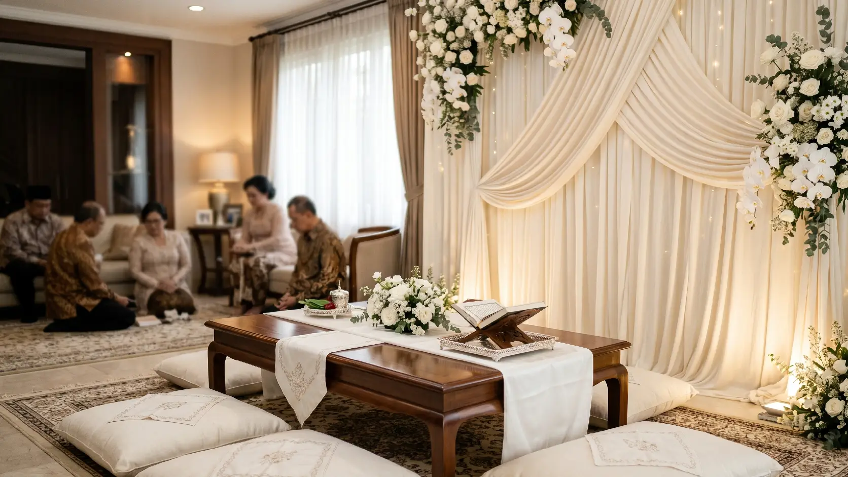 Dekorasi akad nikah di rumah dengan meja akad rapi dan backdrop ivory