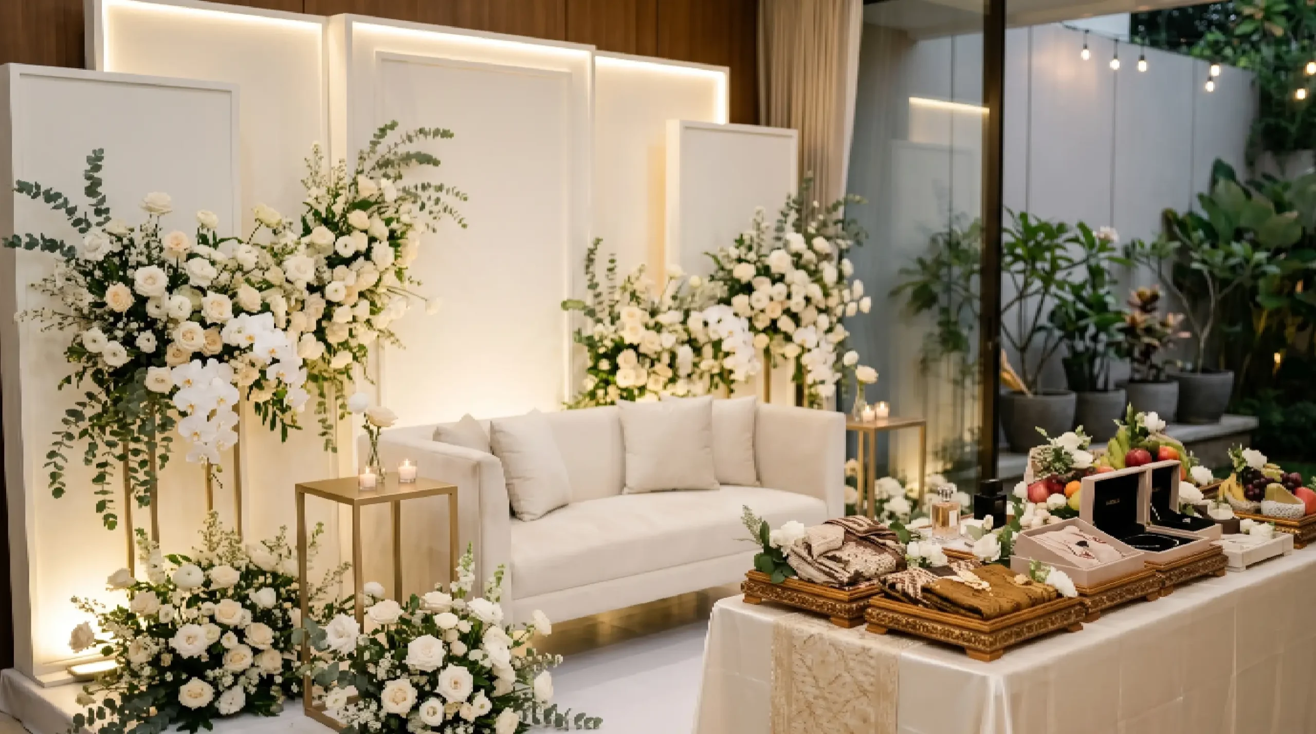 Dekorasi lamaran simple elegan dengan backdrop ivory dan meja seserahan rapi