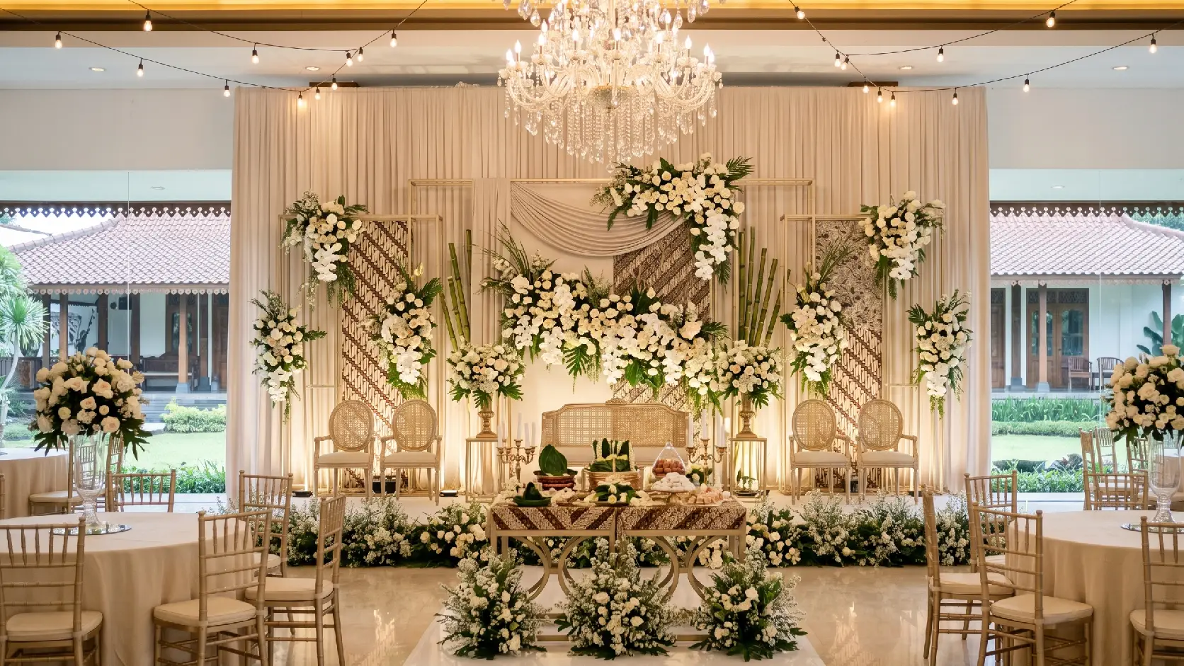 Inspirasi dekorasi wedding Purwakarta dengan pelaminan ivory gold elegan