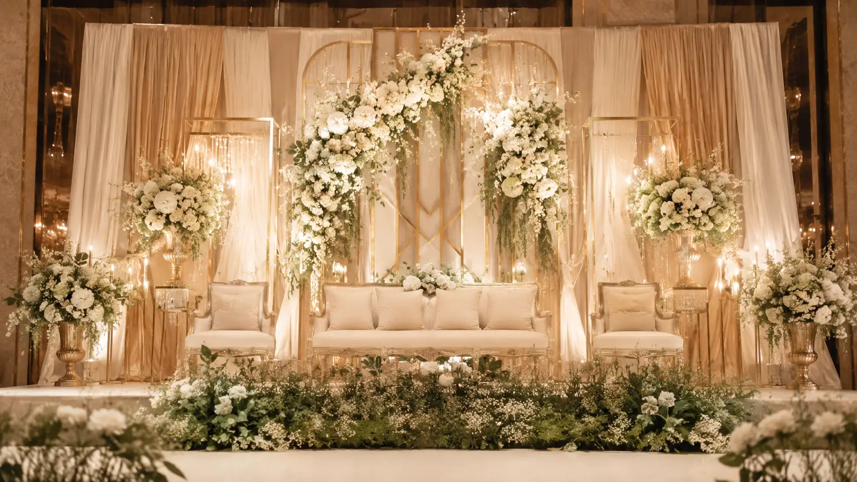 Warna dekorasi wedding elegan dengan ivory gold dan sage green