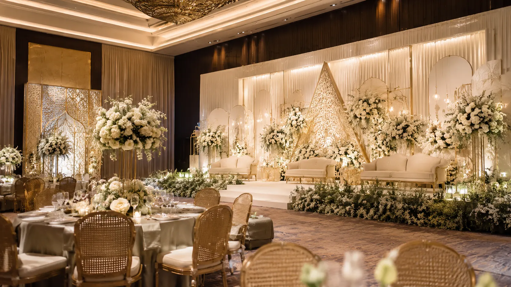 Dekorasi wedding Bandung dengan pelaminan elegan dan lighting premium