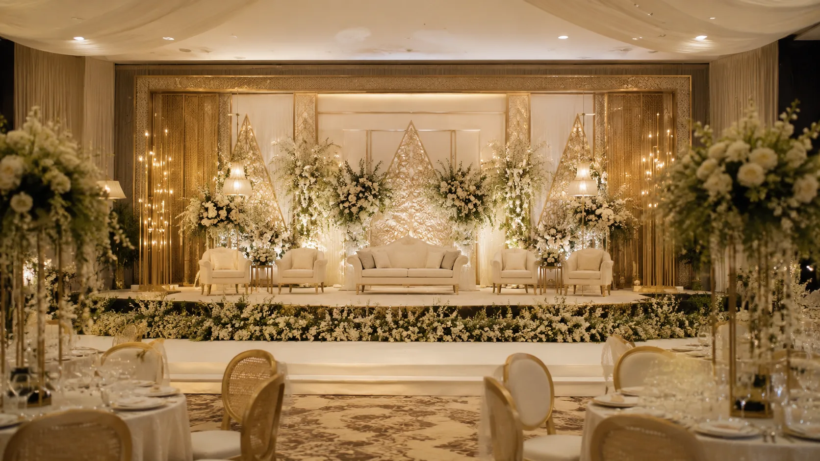 Dekorasi wedding Cikampek dengan pelaminan elegan dan lighting hangat