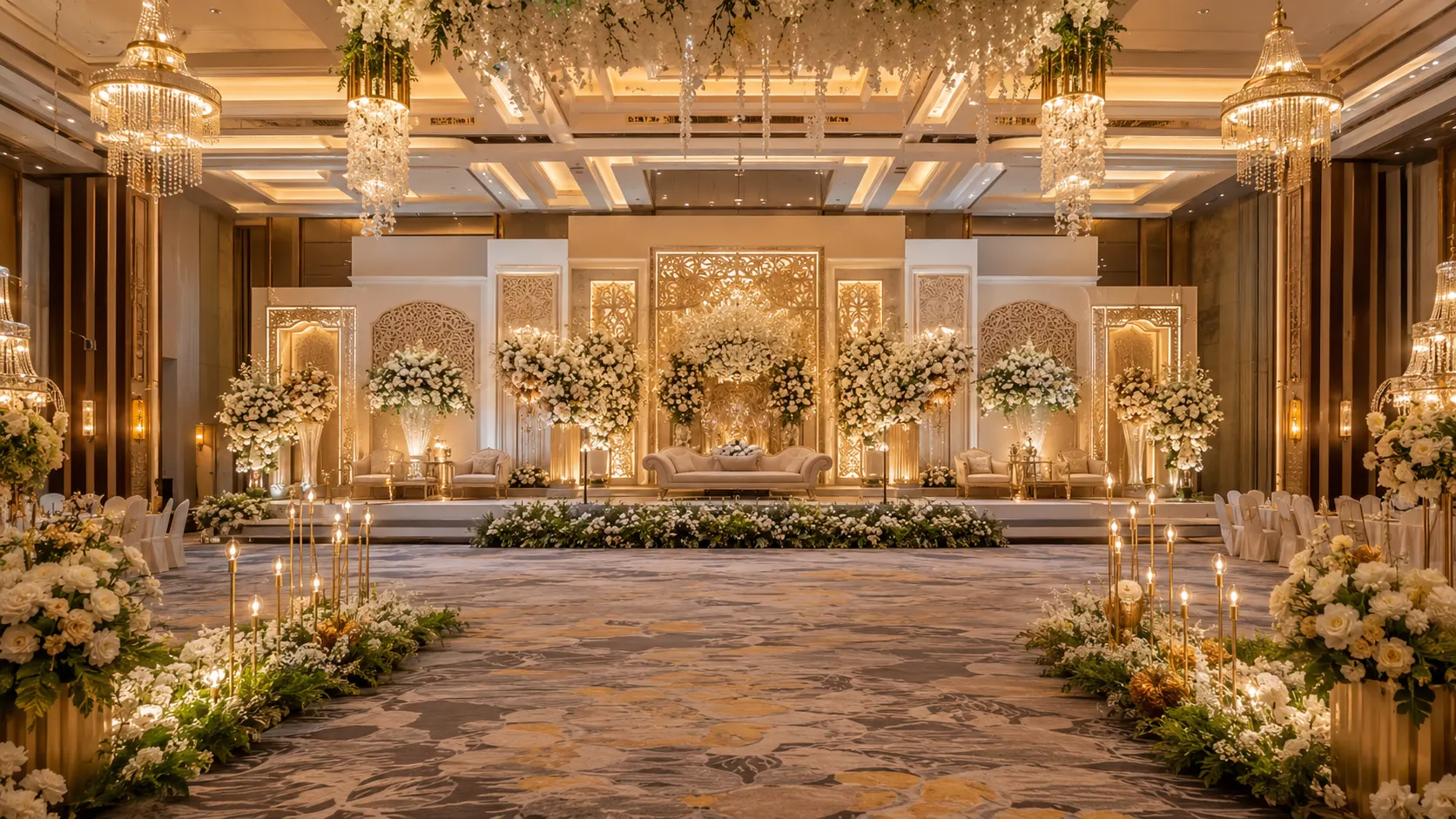 Dekorasi wedding gedung Purwakarta dengan pelaminan elegan dan lighting premium