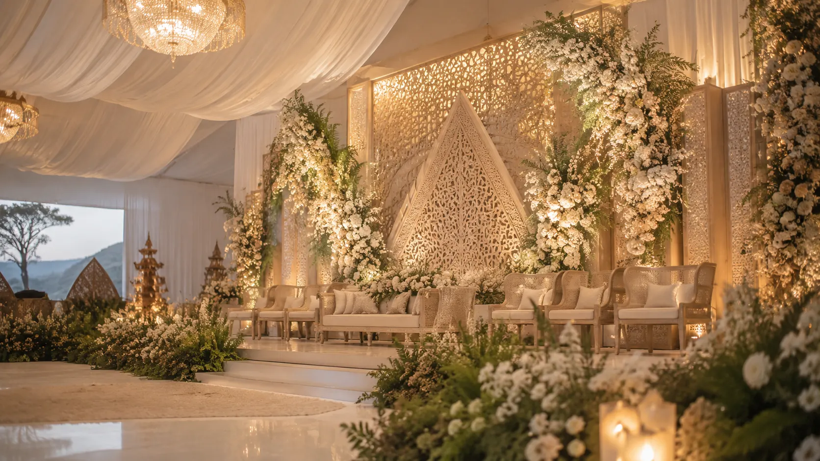 Dekorasi wedding Jawa Barat dengan pelaminan elegan dan lighting hangat