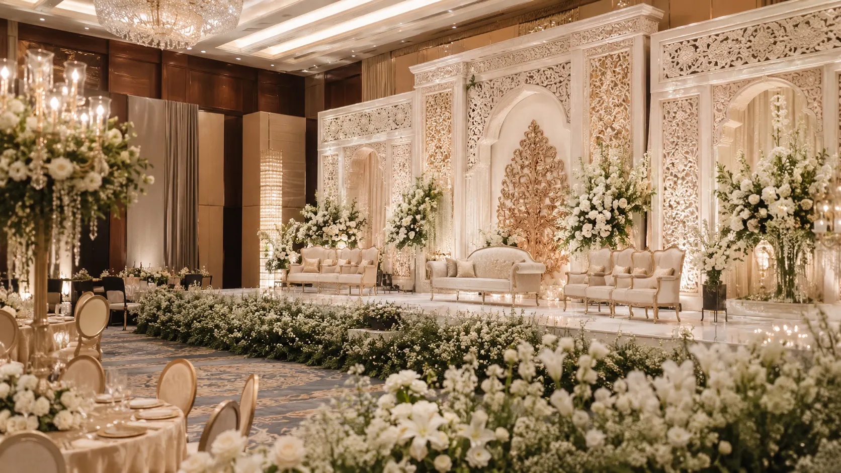 Dekorasi wedding Karawang dengan pelaminan elegan dan lighting hangat