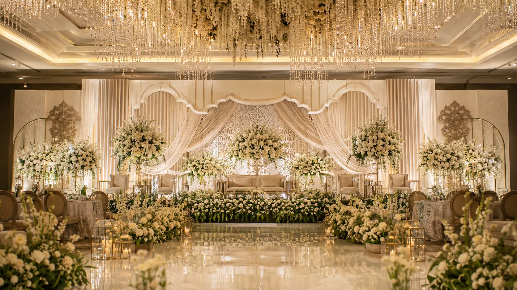 Dekorasi wedding Purwakarta dengan pelaminan elegan dan lighting hangat