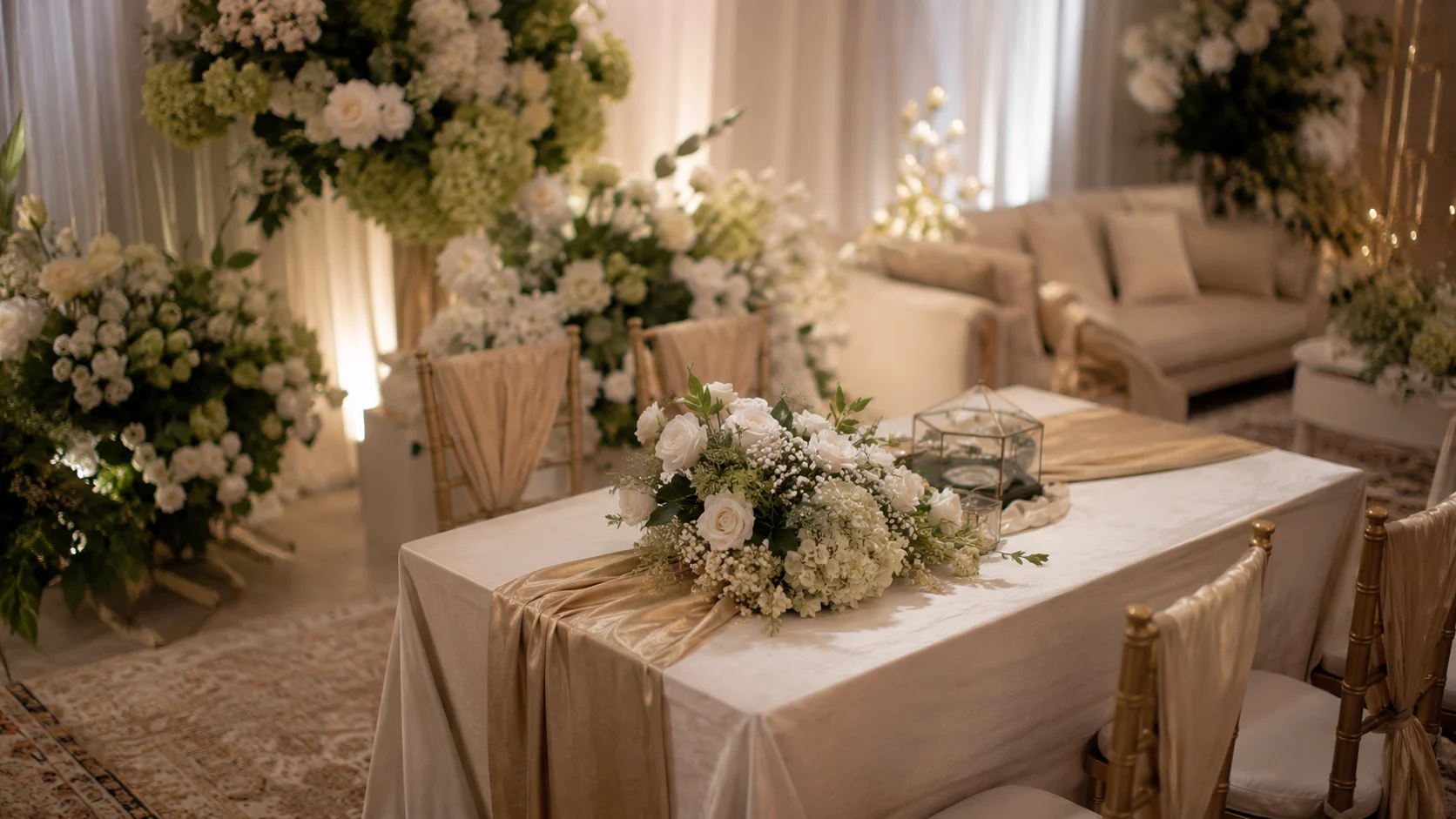 Detail meja akad nikah Purwakarta dengan bunga dan lighting lembut