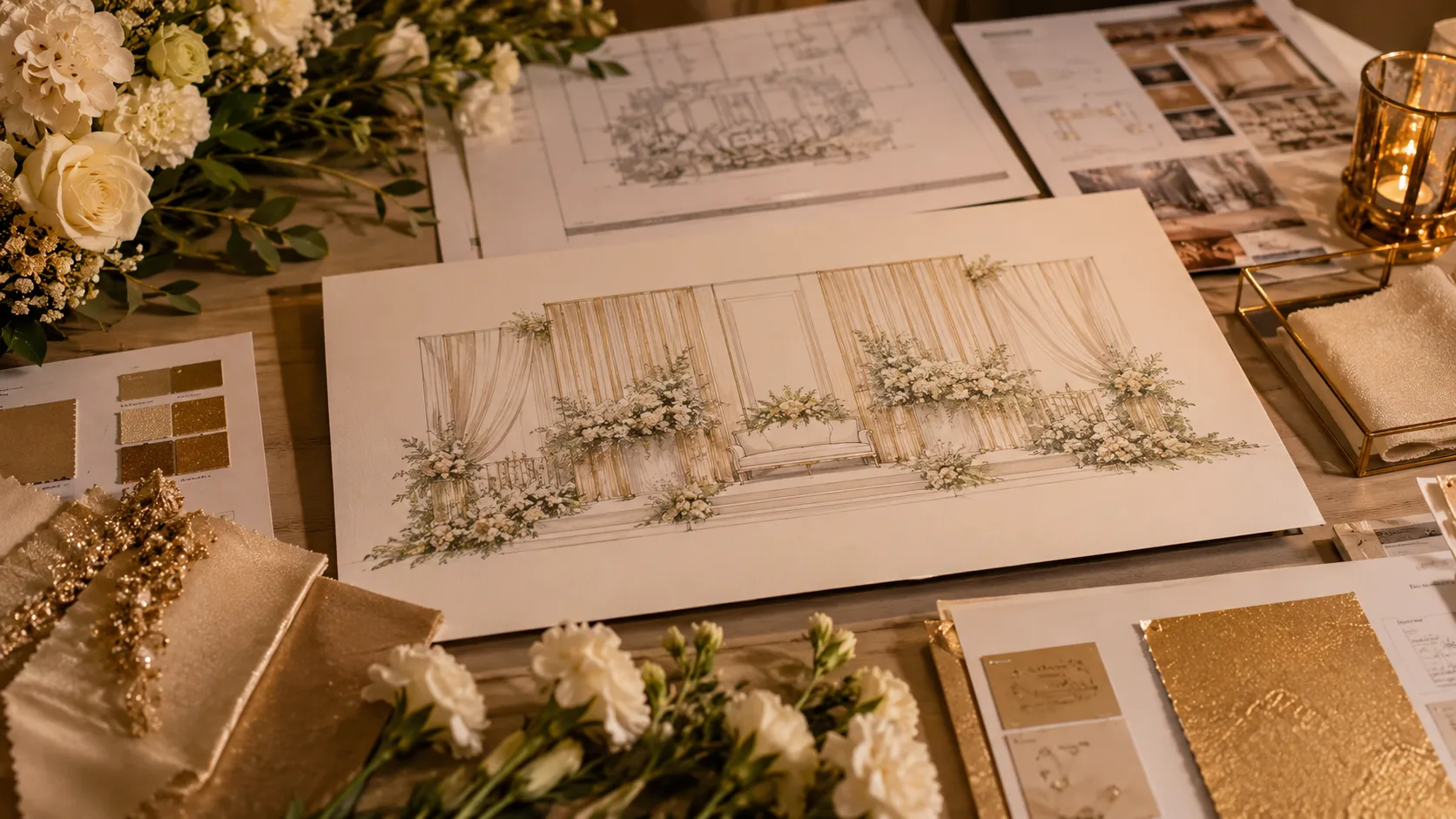 Konsep dekorasi wedding Karawang dengan pelaminan dan lighting elegan